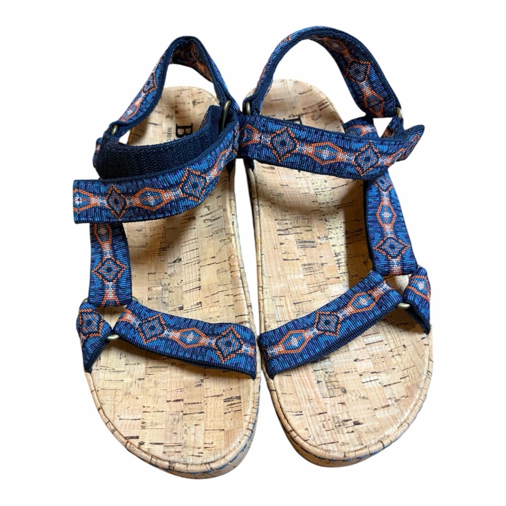 Blue & Orange Patterned Cork Wedge Sandals